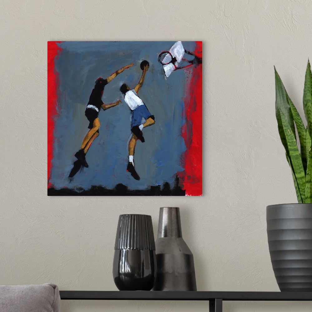 A modern room featuring Basketball Players, 2009, acrylic on board.  By Paul Powis.