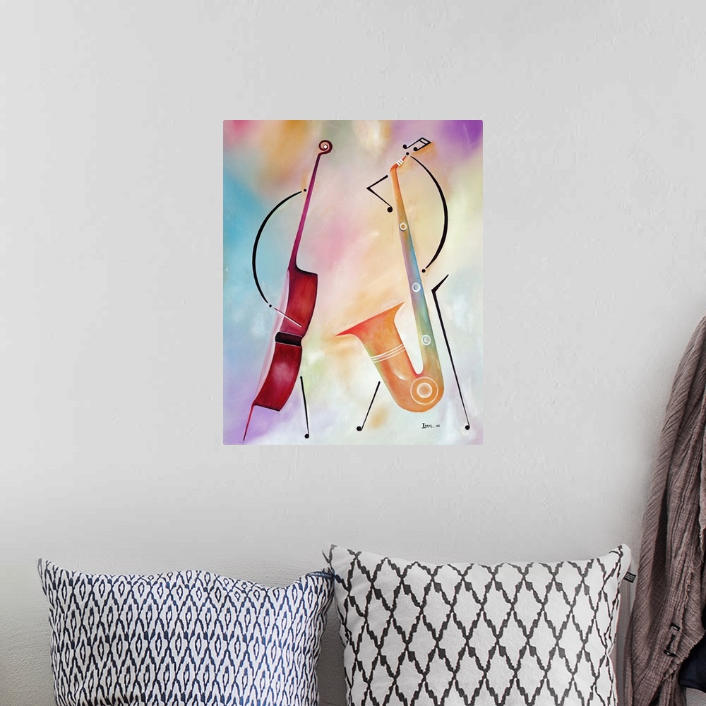 A bohemian room featuring An abstract piece of artwork of a bass standing and a saxophone standing right next to it. The ba...