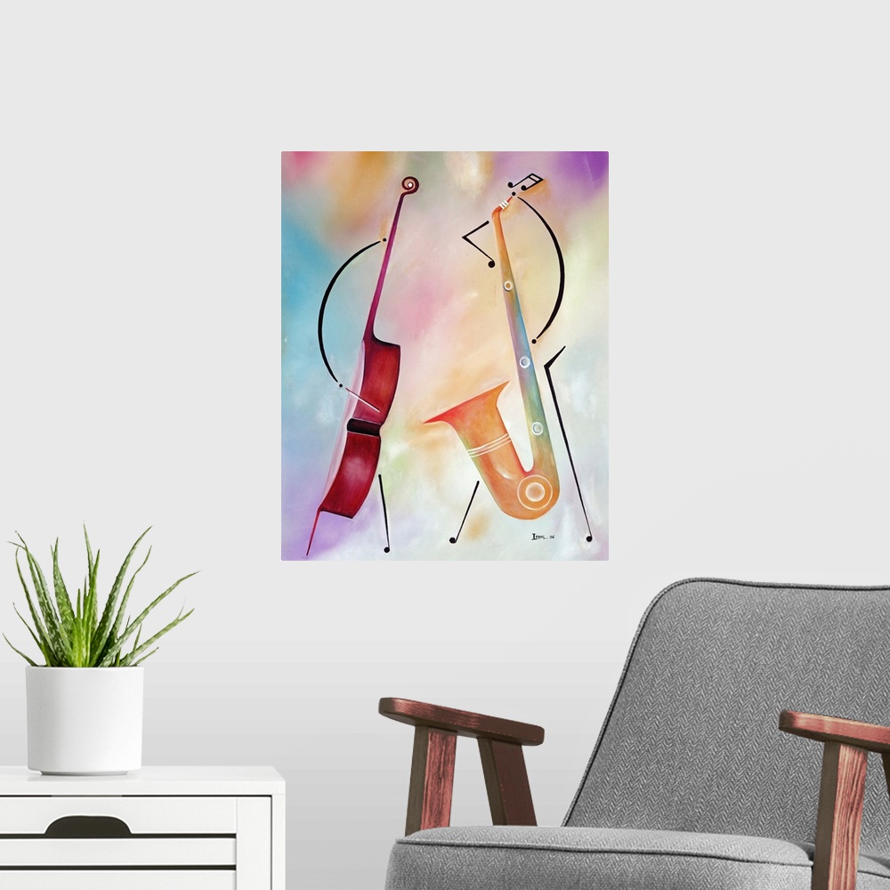 A modern room featuring An abstract piece of artwork of a bass standing and a saxophone standing right next to it. The ba...