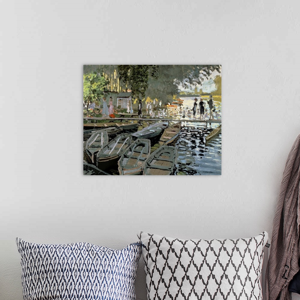 A bohemian room featuring Oil painting of row boats lined along a shore with people walking across a dock and also swimming...