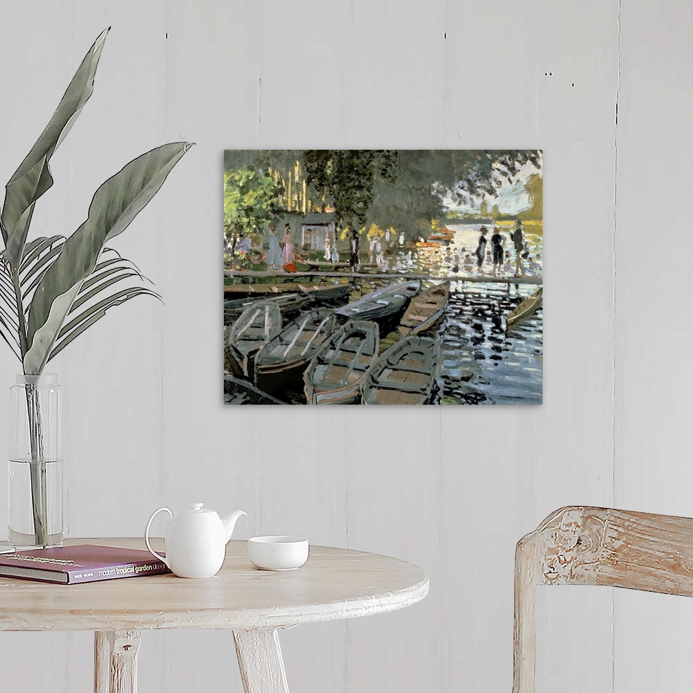 A farmhouse room featuring Oil painting of row boats lined along a shore with people walking across a dock and also swimming...