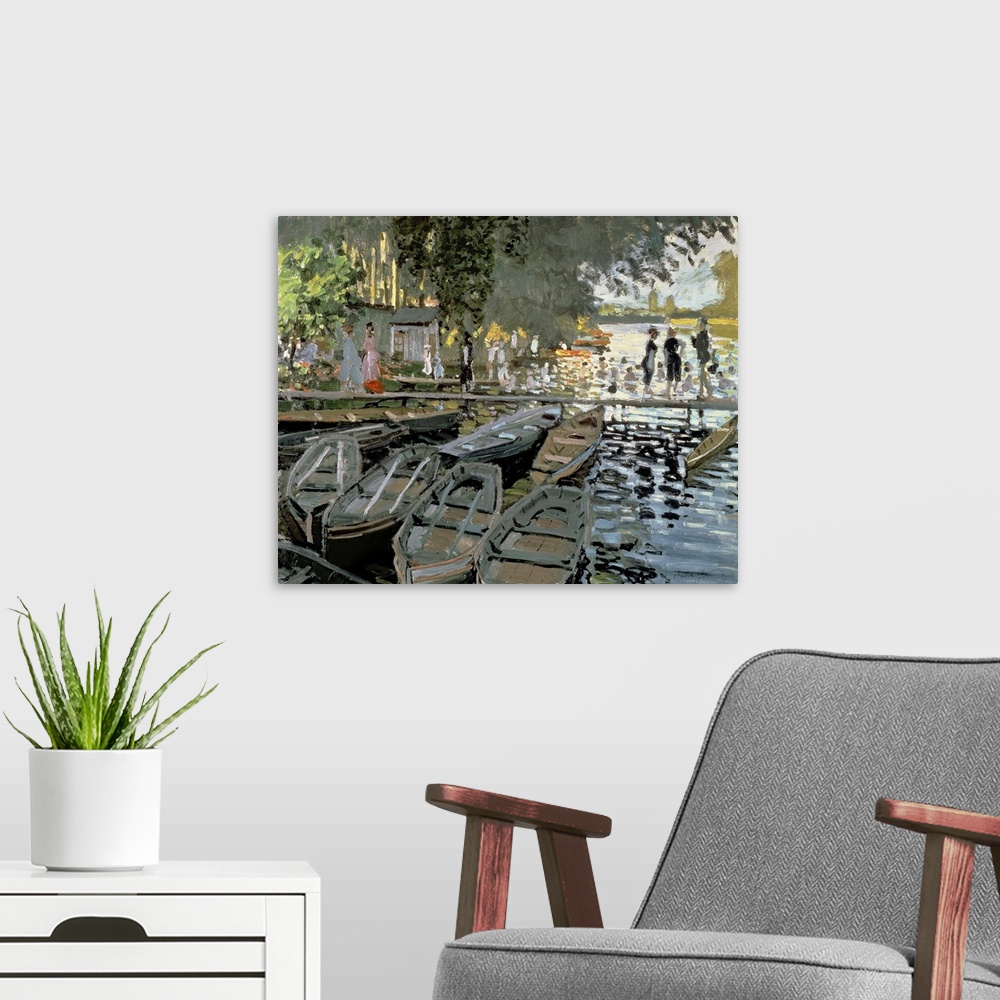 A modern room featuring Oil painting of row boats lined along a shore with people walking across a dock and also swimming...