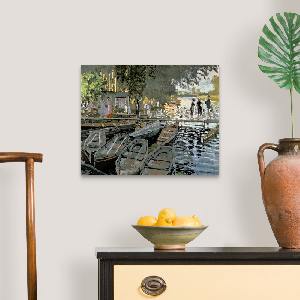 A traditional room featuring Oil painting of row boats lined along a shore with people walking across a dock and also swimming...