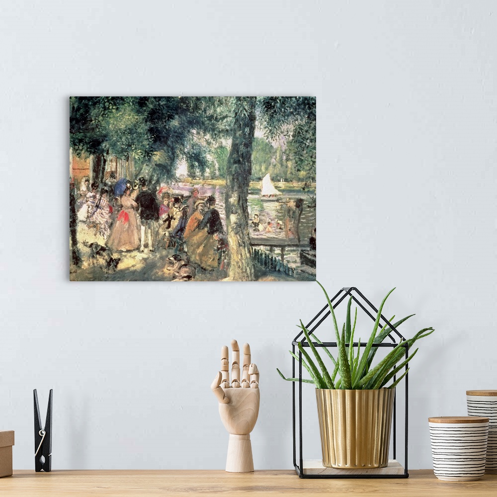 A bohemian room featuring Classical oil painting on canvas of people standing and bathing in a river.