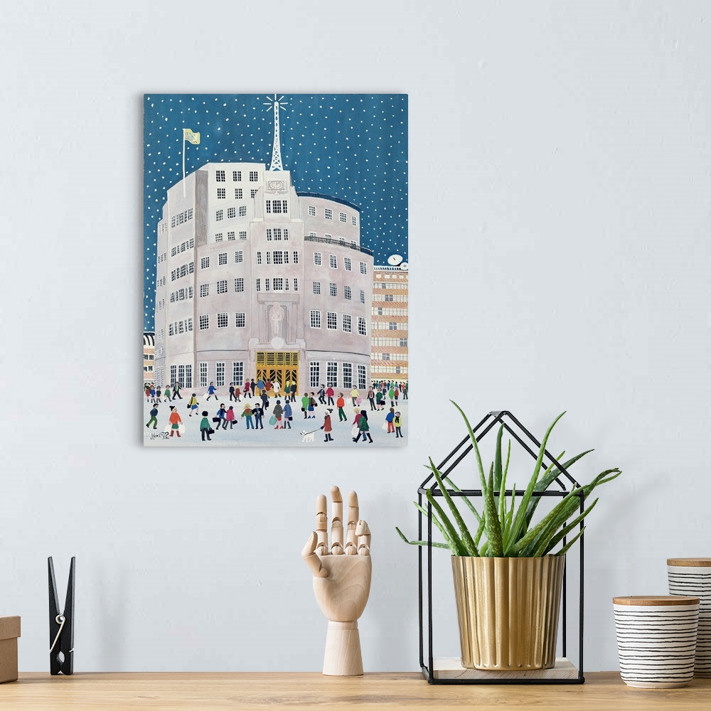 A bohemian room featuring Contemporary painting of people in a busy city street in winter.