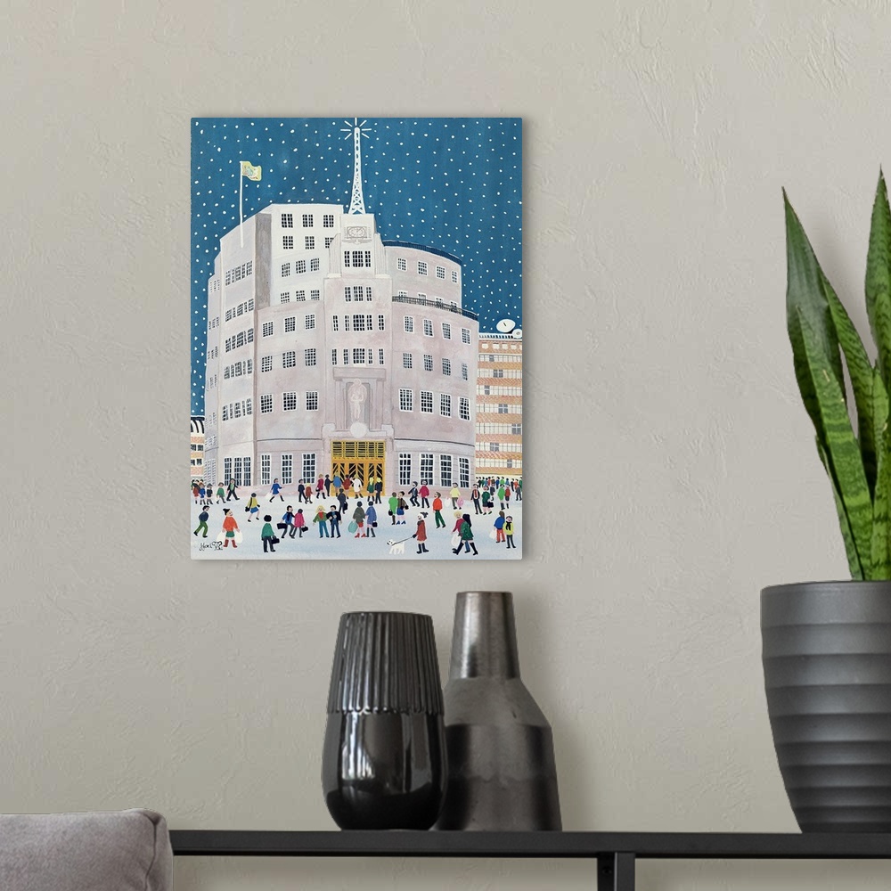A modern room featuring Contemporary painting of people in a busy city street in winter.