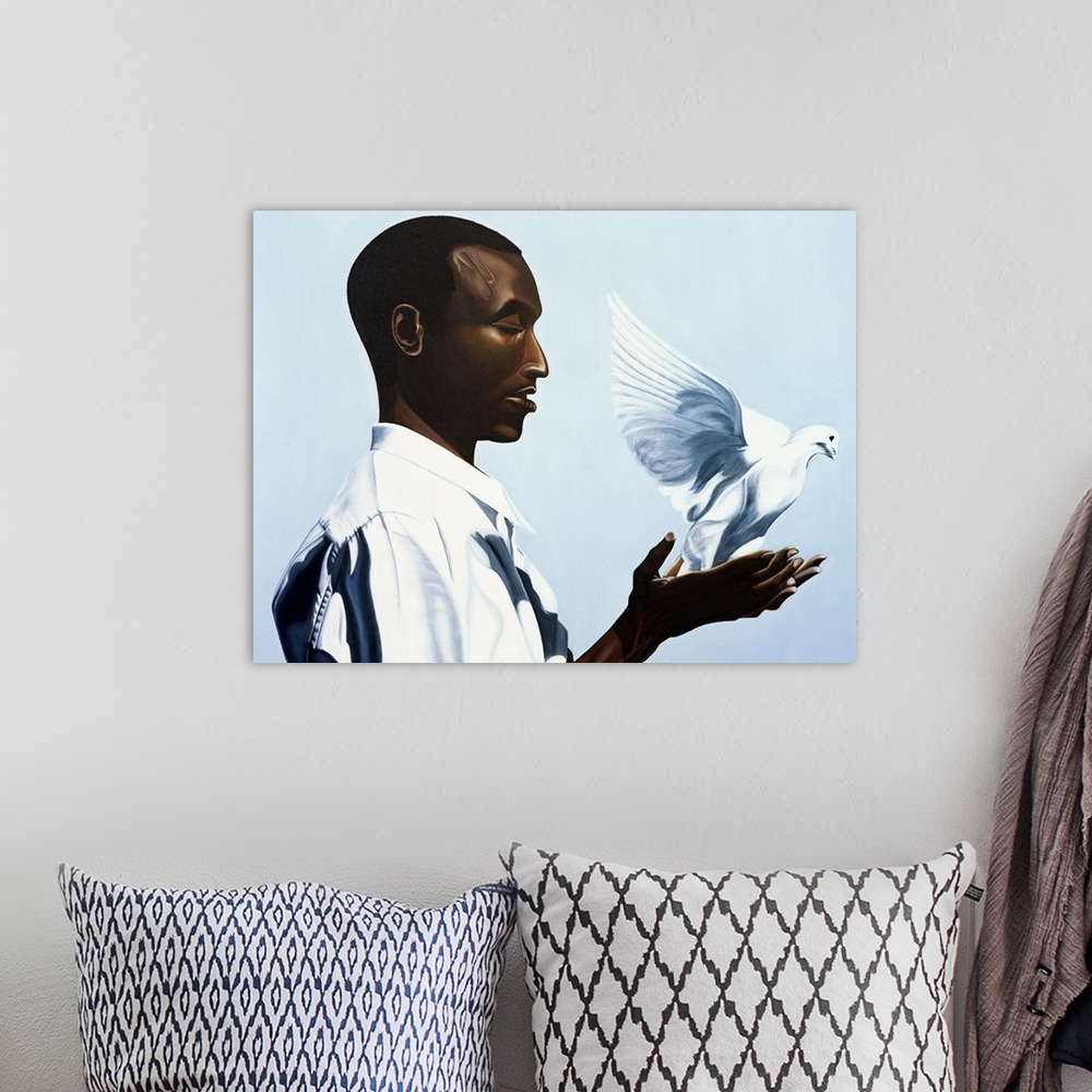 A bohemian room featuring Large oil painting of a man holding a dove that is flying away.