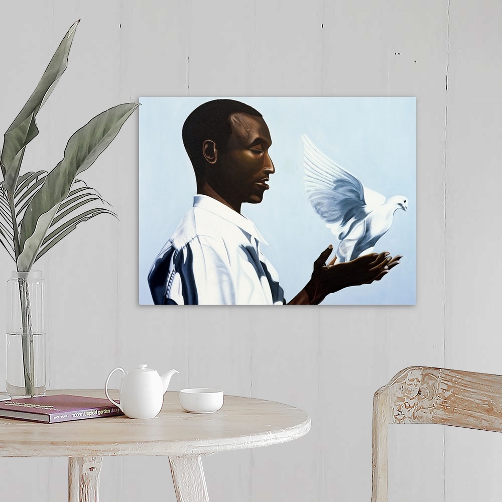 A farmhouse room featuring Large oil painting of a man holding a dove that is flying away.