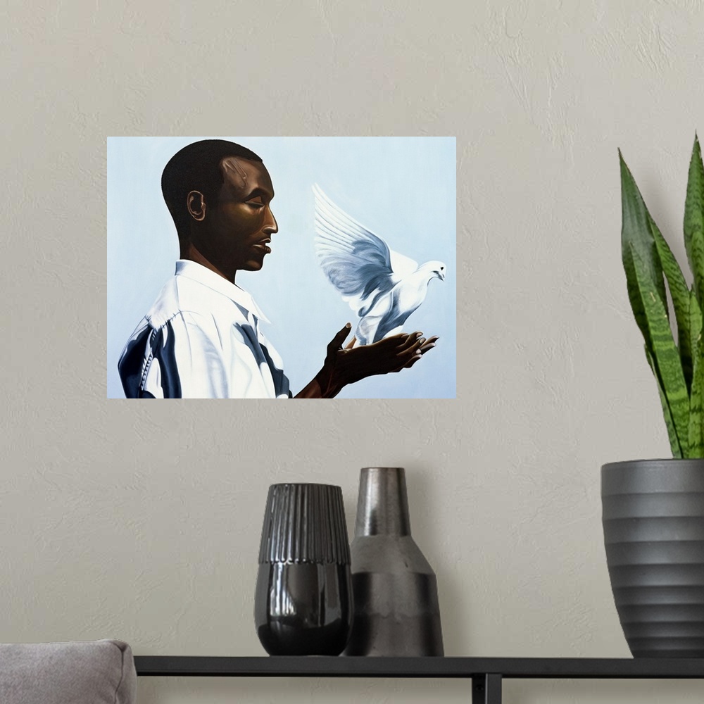 A modern room featuring Large oil painting of a man holding a dove that is flying away.