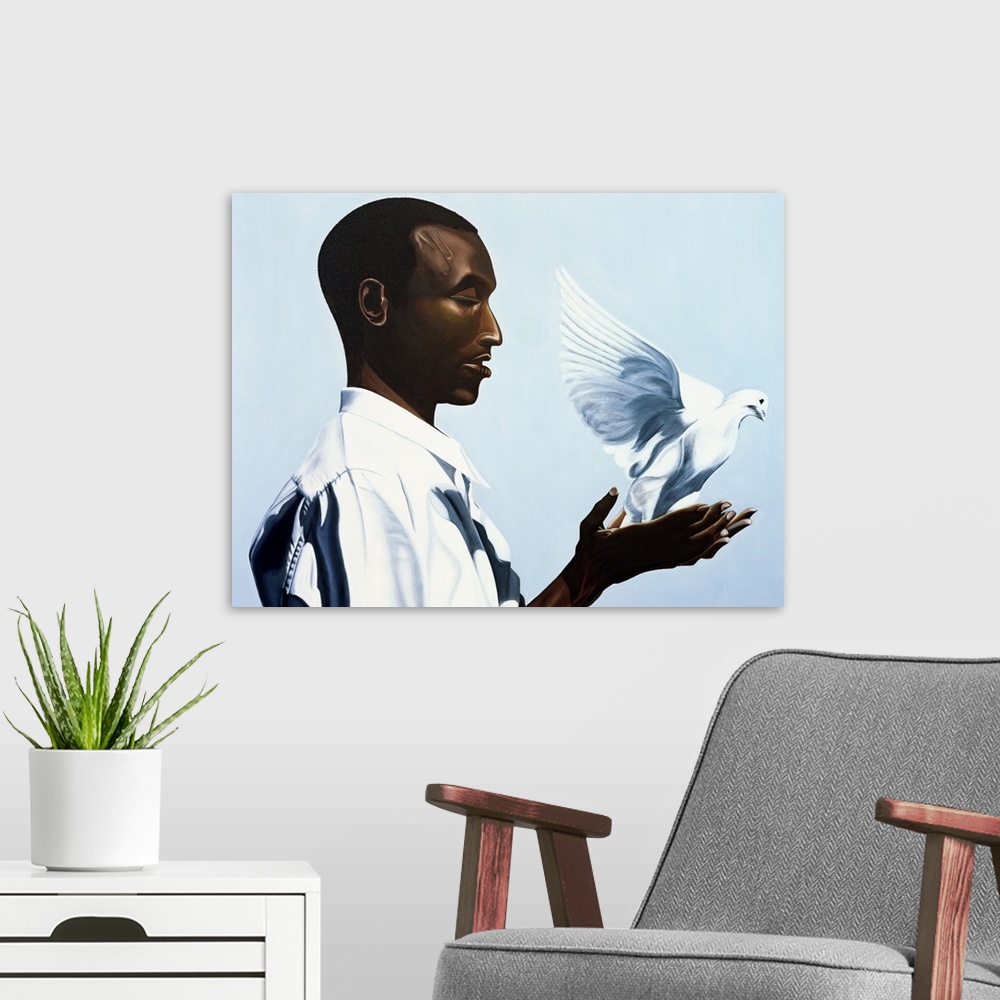 A modern room featuring Large oil painting of a man holding a dove that is flying away.
