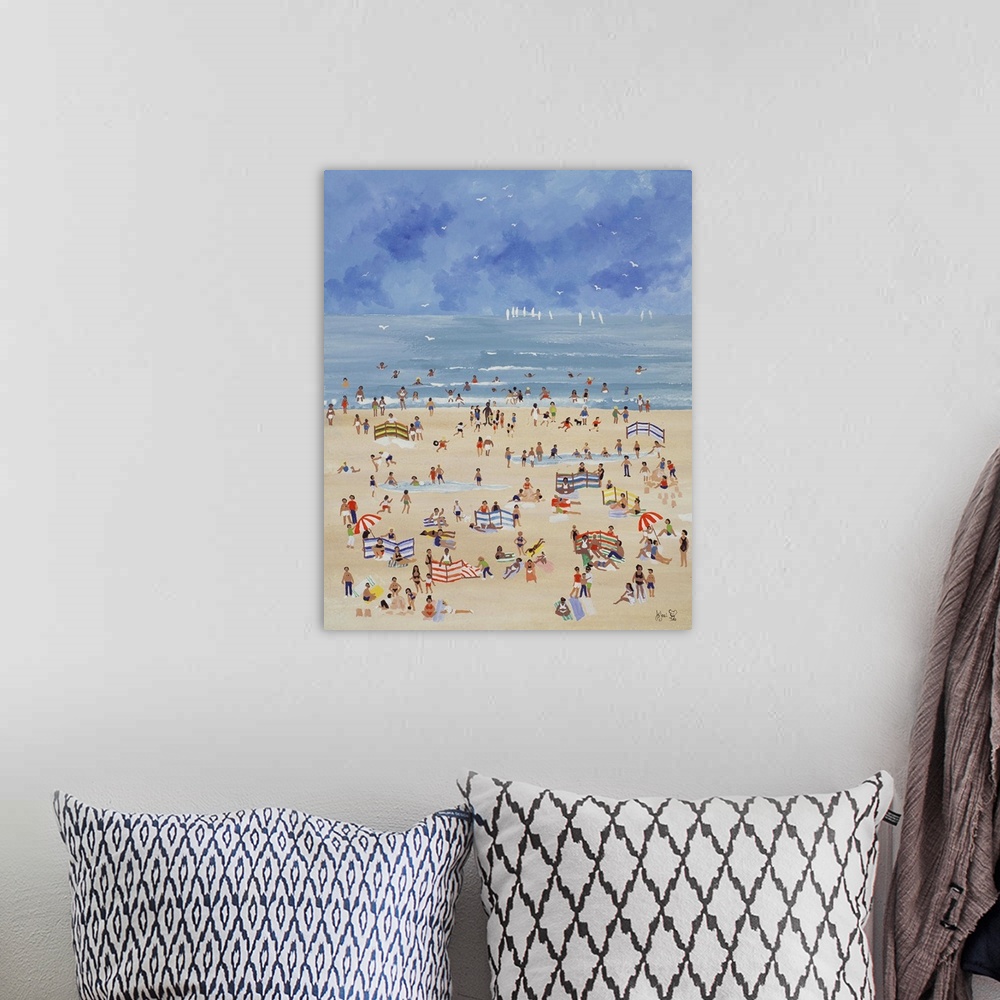 A bohemian room featuring Contemporary painting of people gathered at the beach in summer.