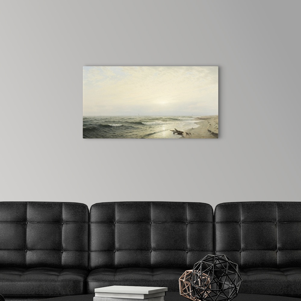 A modern room featuring Beach at Long Branch: Sunrise, 1872 (oil on canvas)
