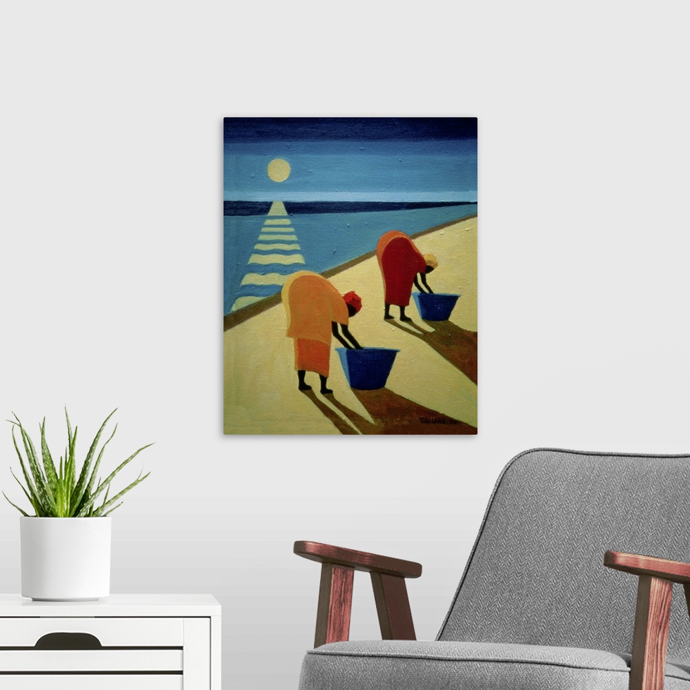 A modern room featuring This vertical painting uses a flat and graphic style to depict the scene of two black women bent ...