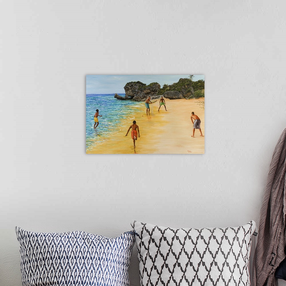 A bohemian room featuring Painting of a group of boys playing a game on a sandy beach in the Caribbean, with coastal rocks ...