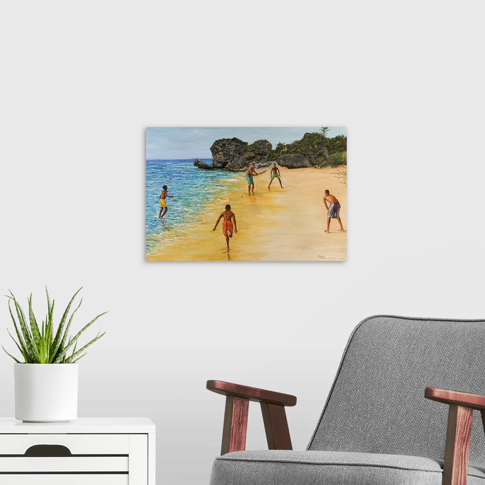 A modern room featuring Painting of a group of boys playing a game on a sandy beach in the Caribbean, with coastal rocks ...