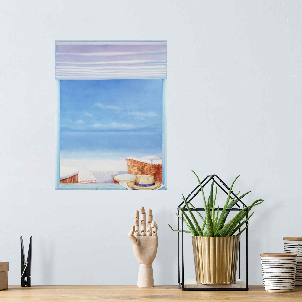 A bohemian room featuring Contemporary painting of a hat sitting on the window sill, overlooking the beach.