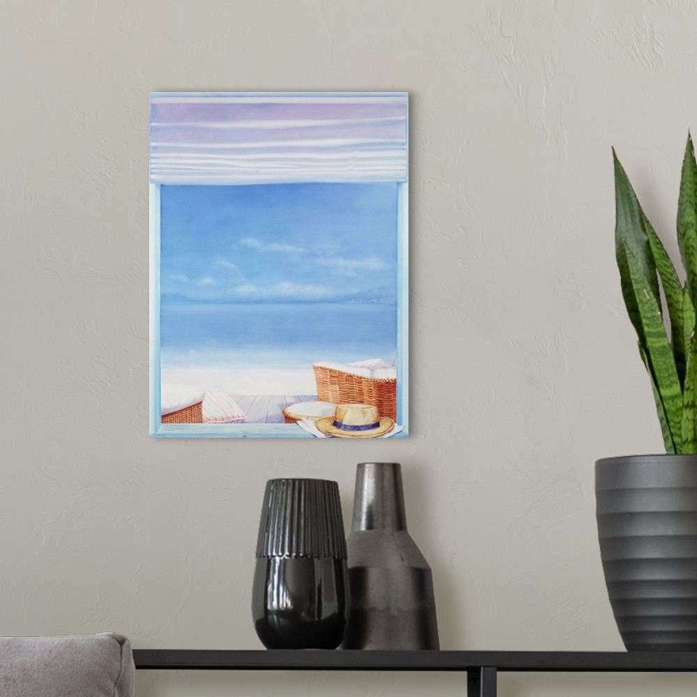 A modern room featuring Contemporary painting of a hat sitting on the window sill, overlooking the beach.