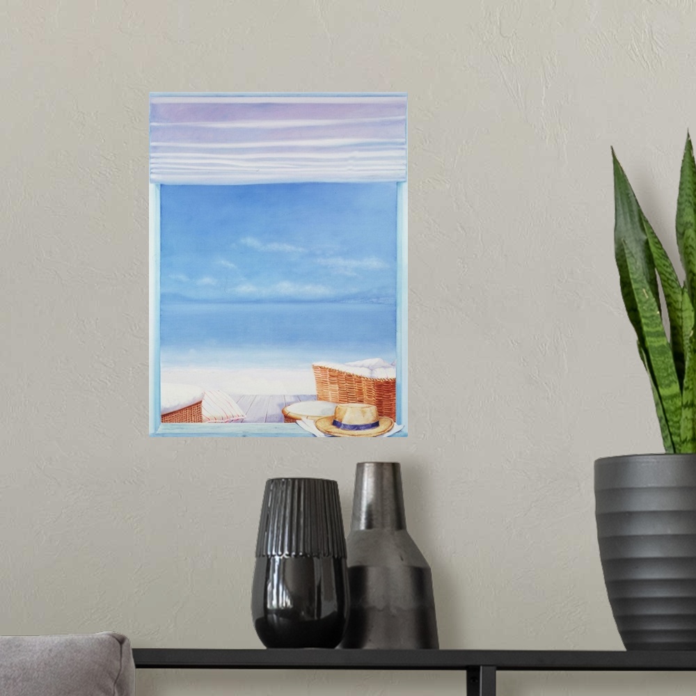 A modern room featuring Contemporary painting of a hat sitting on the window sill, overlooking the beach.