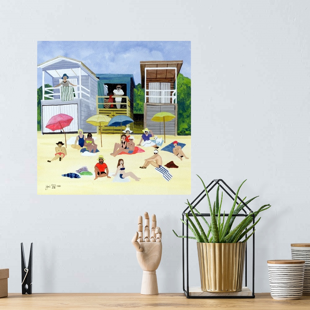A bohemian room featuring Contemporary painting of people relaxing on the sandy beach.