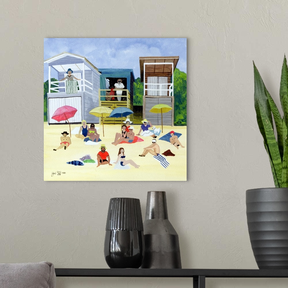 A modern room featuring Contemporary painting of people relaxing on the sandy beach.