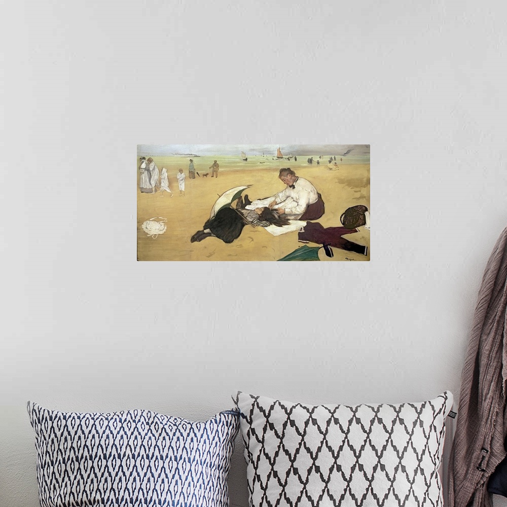A bohemian room featuring A classic piece of artwork that is a beach scene with people in the water and walking near it. Th...