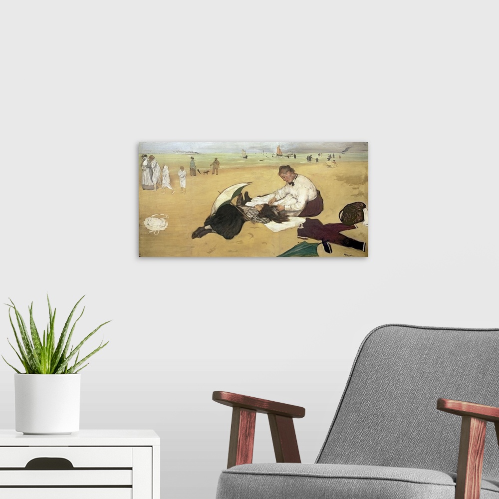 A modern room featuring A classic piece of artwork that is a beach scene with people in the water and walking near it. Th...