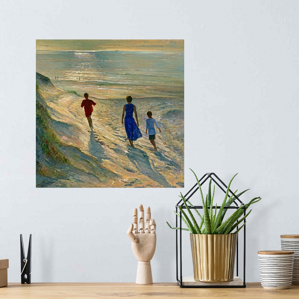 A bohemian room featuring This large contemporary painting has a mother and two sons walking through dunes and onto the bea...