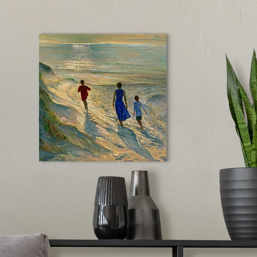 A modern room featuring This large contemporary painting has a mother and two sons walking through dunes and onto the bea...