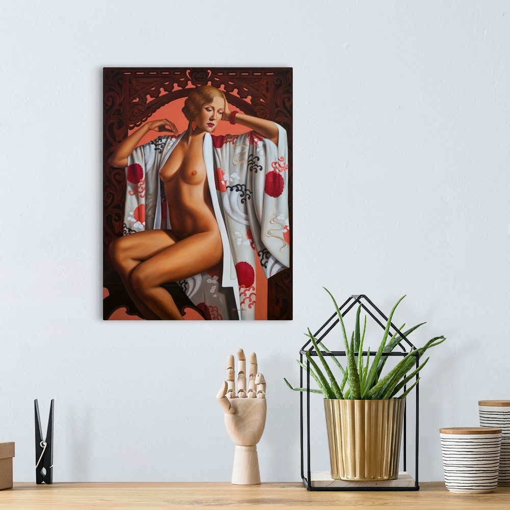 A bohemian room featuring Contemporary painting of a nude woman wearing a patterned robe.