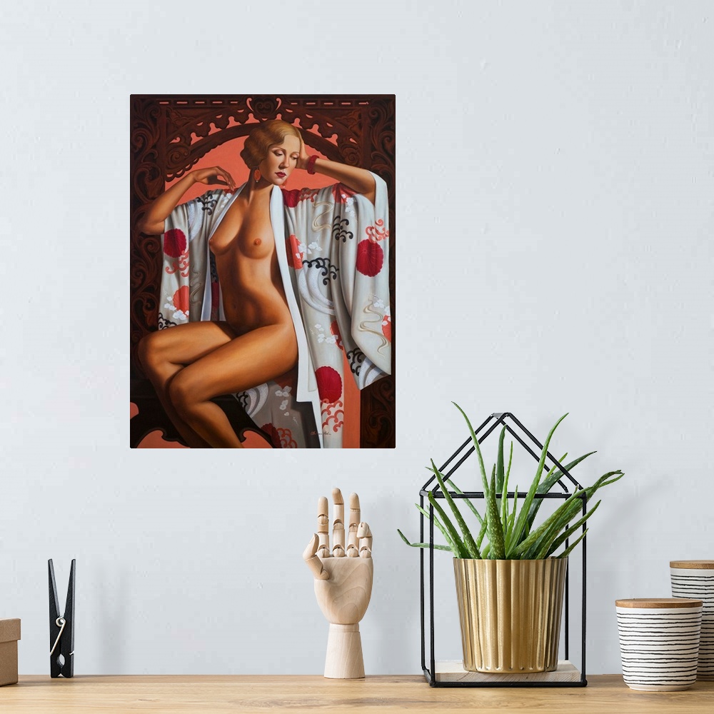A bohemian room featuring Contemporary painting of a nude woman wearing a patterned robe.