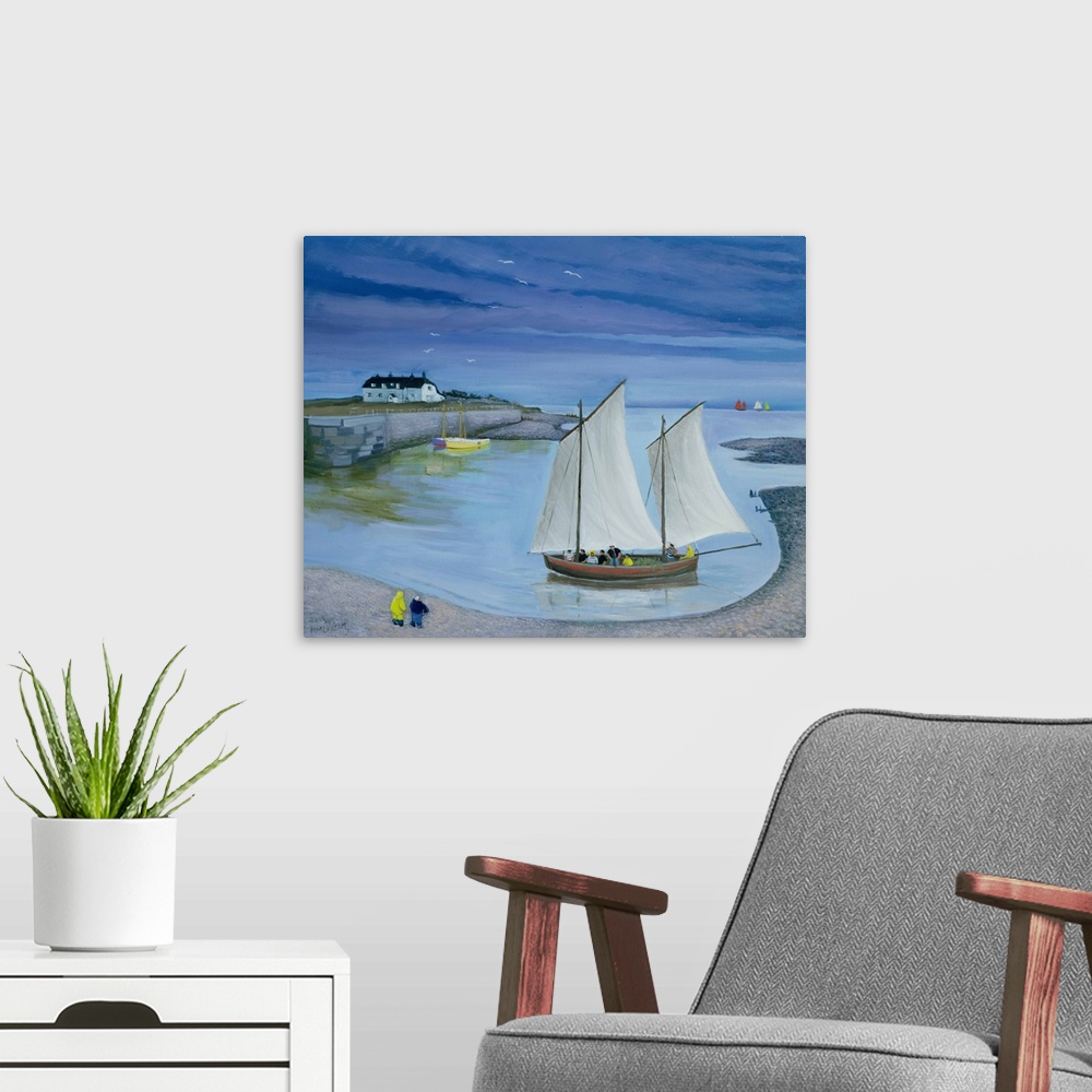 A modern room featuring Contemporary painting of a boat with large sails approaching the shore.