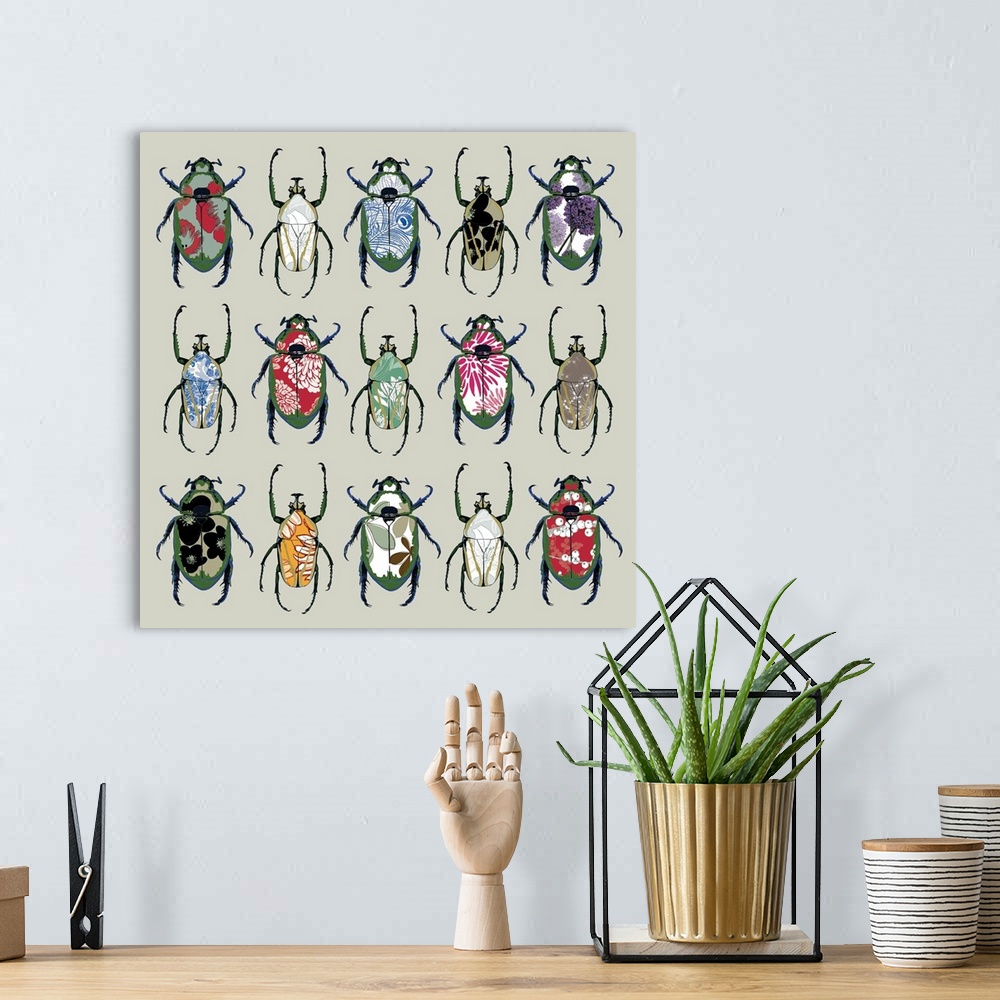 A bohemian room featuring Contemporary illustration of a pattern made of beetles with different patterns on their backs.