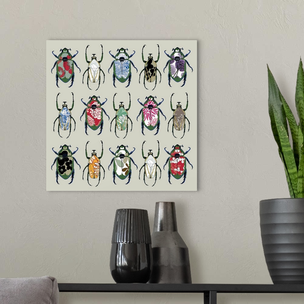 A modern room featuring Contemporary illustration of a pattern made of beetles with different patterns on their backs.
