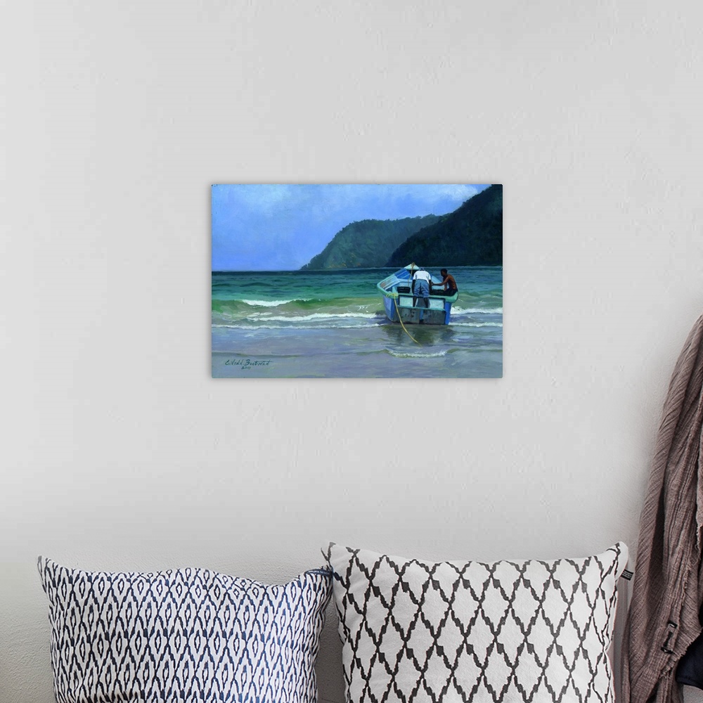 A bohemian room featuring Contemporary painting of people on a boat on the ocean shore.