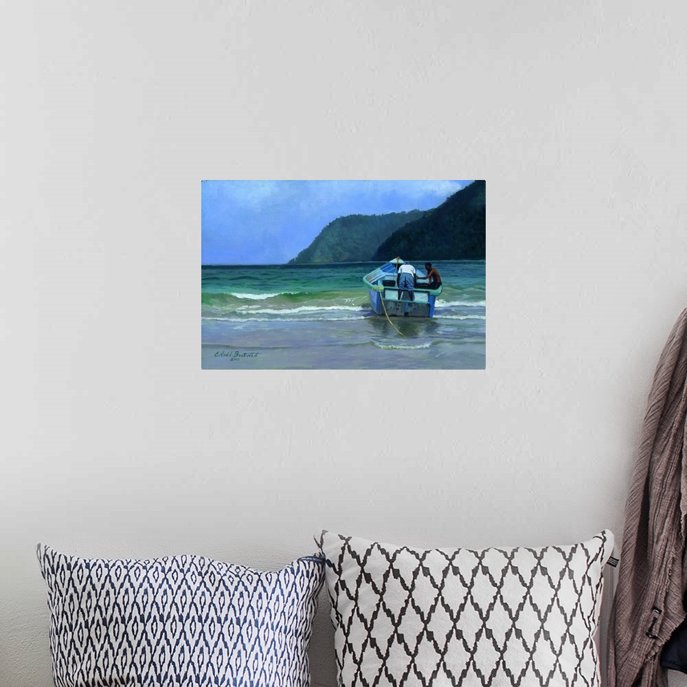 A bohemian room featuring Contemporary painting of people on a boat on the ocean shore.