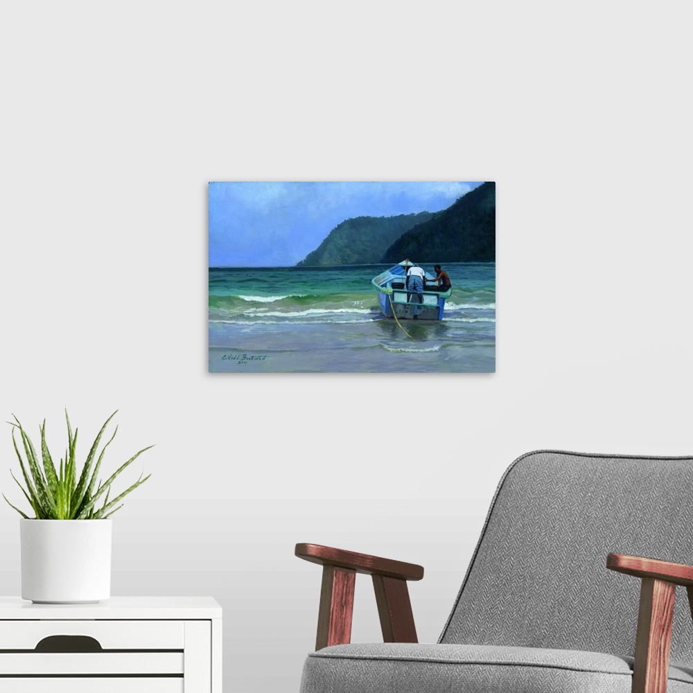 A modern room featuring Contemporary painting of people on a boat on the ocean shore.