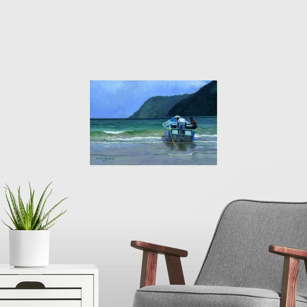 A modern room featuring Contemporary painting of people on a boat on the ocean shore.