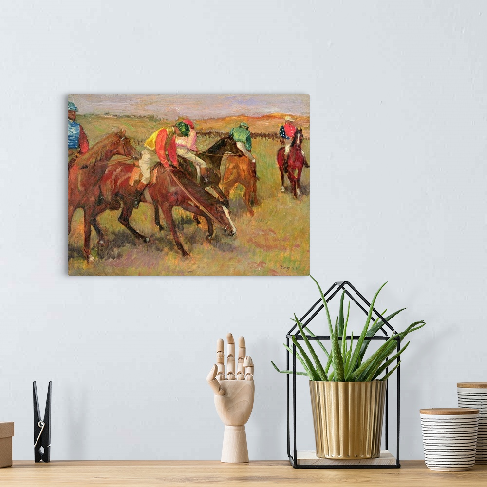 A bohemian room featuring Classic art parting of jockey's on horses eating grass before a race.