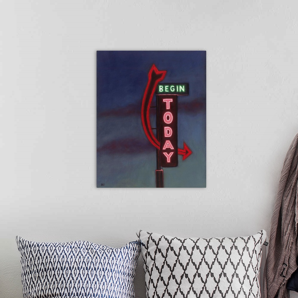 A bohemian room featuring Contemporary painting of a neon sign lit at dusk.