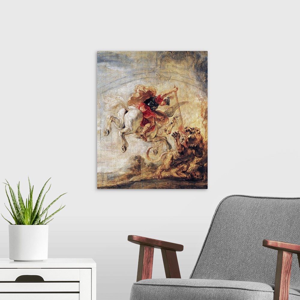 A modern room featuring Bellerophon Riding Pegasus Fighting the Chimaera, 1635