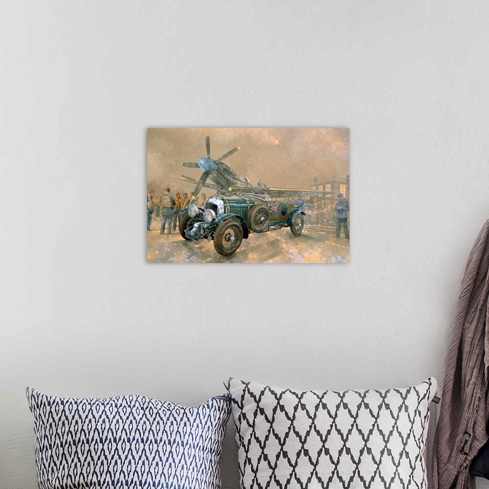 A bohemian room featuring Painting of vintage car and aircraft surrounded by British soldiers.