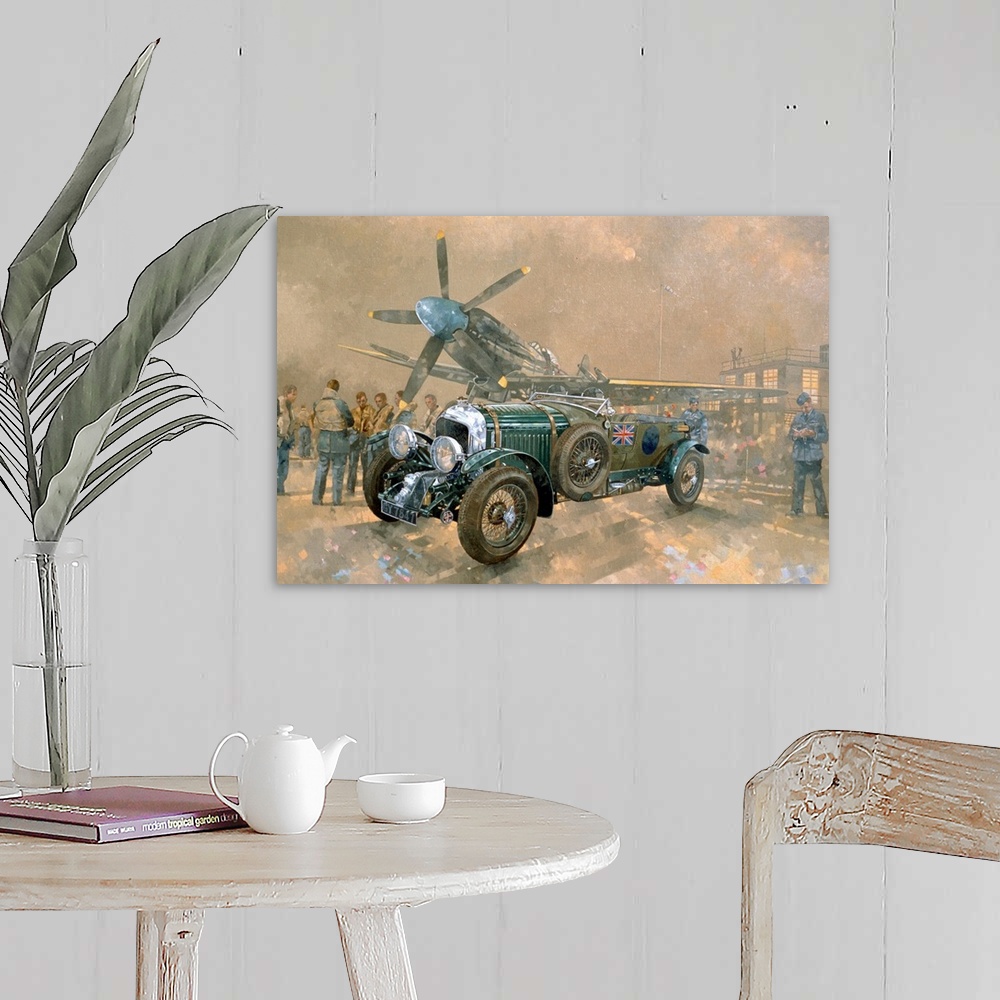 A farmhouse room featuring Painting of vintage car and aircraft surrounded by British soldiers.