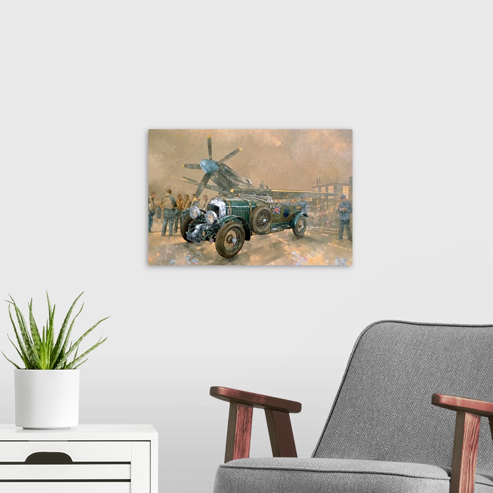 A modern room featuring Painting of vintage car and aircraft surrounded by British soldiers.