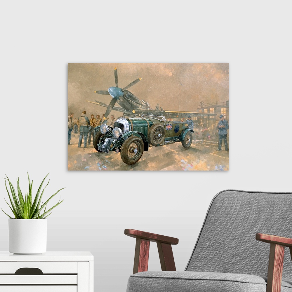 A modern room featuring Painting of vintage car and aircraft surrounded by British soldiers.