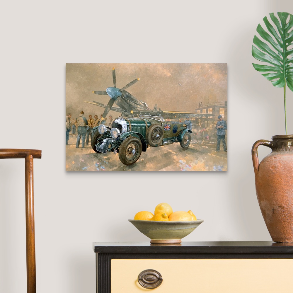 A traditional room featuring Painting of vintage car and aircraft surrounded by British soldiers.