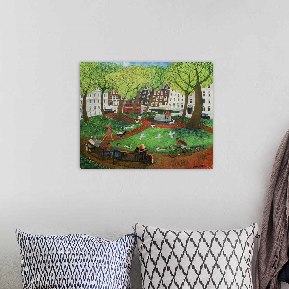 A bohemian room featuring Contemporary painting of people in a park in a city.