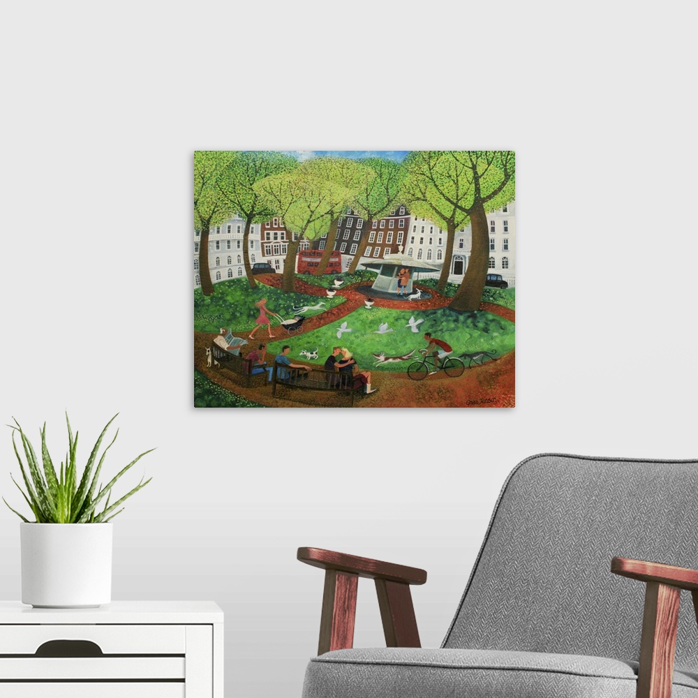 A modern room featuring Contemporary painting of people in a park in a city.