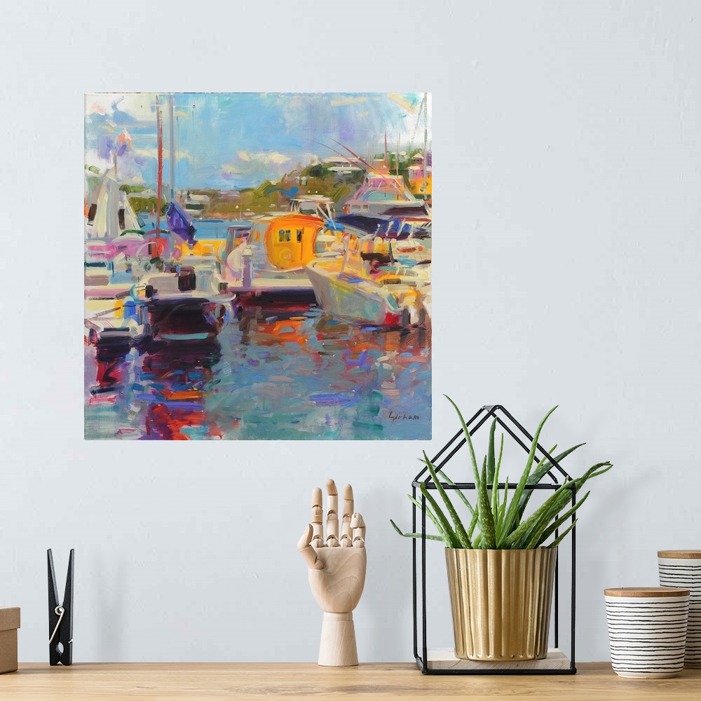A bohemian room featuring Bermuda Yachts (originally oil on canvas) by Graham, Peter
