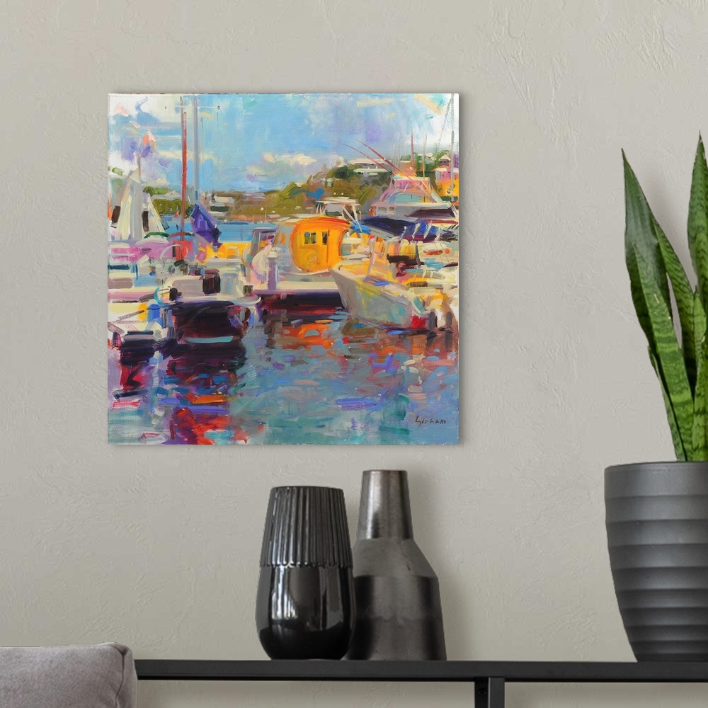 A modern room featuring Bermuda Yachts (originally oil on canvas) by Graham, Peter