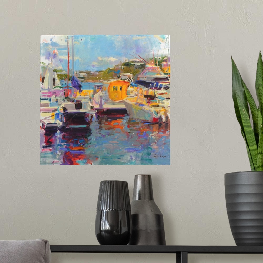A modern room featuring Bermuda Yachts (originally oil on canvas) by Graham, Peter